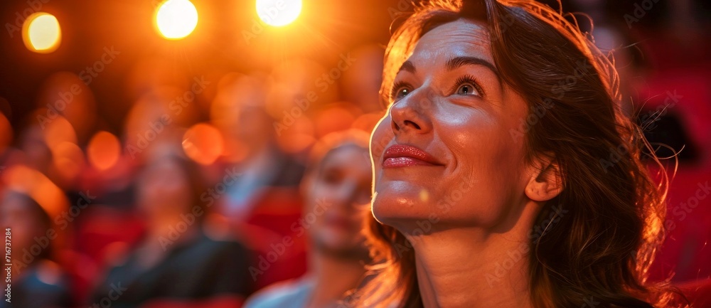 A woman stands in awe, her face illuminated by the light above as she listens to the sweet melodies of music, her clothing swaying with the rhythm A woman stands in awe, her face illuminated by the light above as she listens to the sweet melodies of music, her clothing swaying with the rhythm