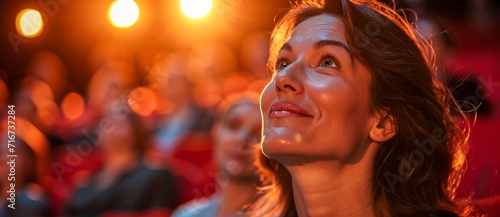 A woman stands in awe, her face illuminated by the light above as she listens to the sweet melodies of music, her clothing swaying with the rhythm