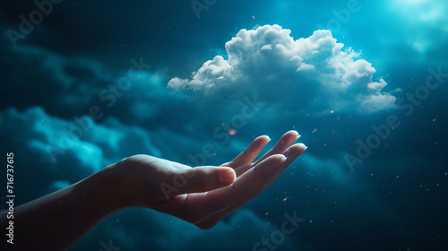 A hand reaching towards a secure, impenetrable cloud barrier, Cloud Security, dynamic and dramatic compositions, with copy space