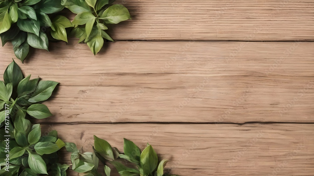 Top view on green leaves on a wooden background with copy space. Background for a postcard or presentation of a natural product Top view on green leaves on a wooden background with copy space. Background for a postcard or presentation of a natural product