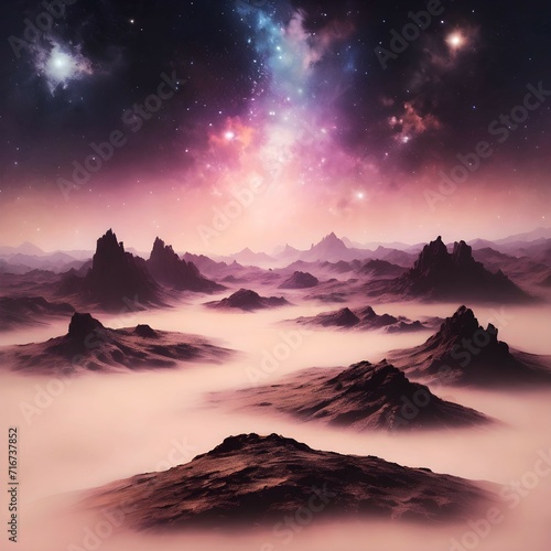 Impressive cosmic landscape  view of mountains with fog against the backdrop of a colorful starry sky