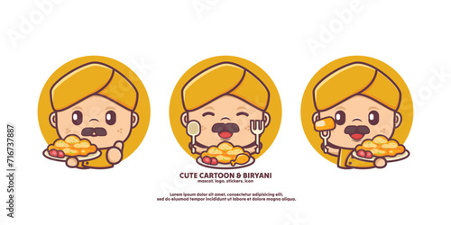 cute chef cartoon in yellow uniform with biryani. indian food vector illustration