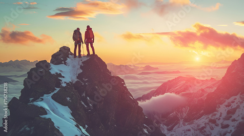 Climbers on the top of the mountain against the backdrop of a beautiful sunset. Travel sport lifestyle concept.