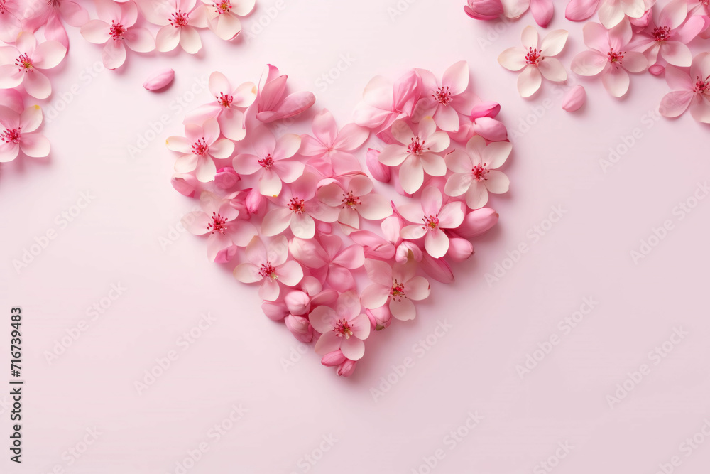 beautiful pink heart made of sakura flowers on a pink background. top view, flat lay. spring wallpaper