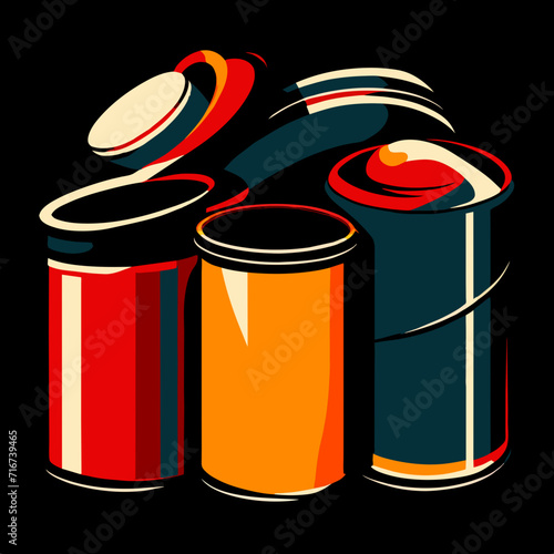 A set of cans of canned food. Vector illustration on a black background. Generative AI