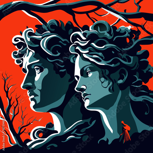 Illustration of a woman and a man in a cemetery. Vector illustration. Generative AI