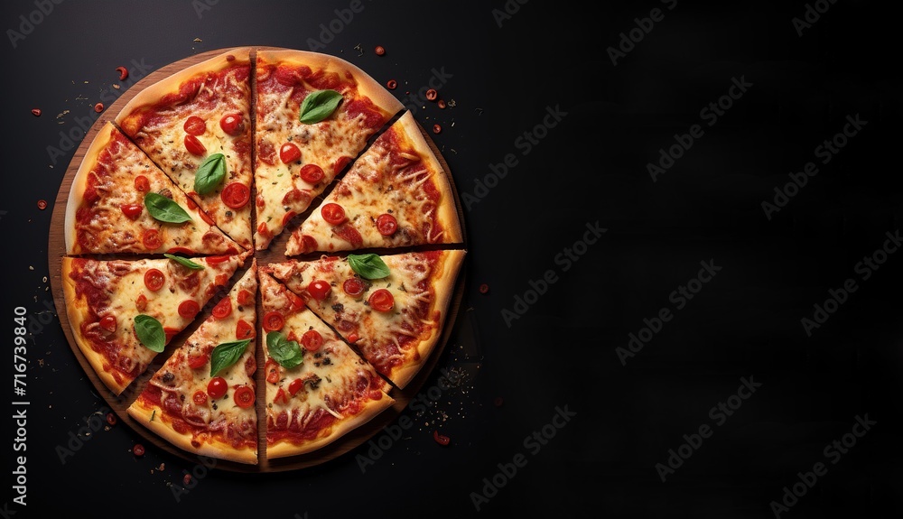 Pizza on a wooden tray with pepperoni, tomatoes and paprika. Top view in a dark key. Banner or flyer.