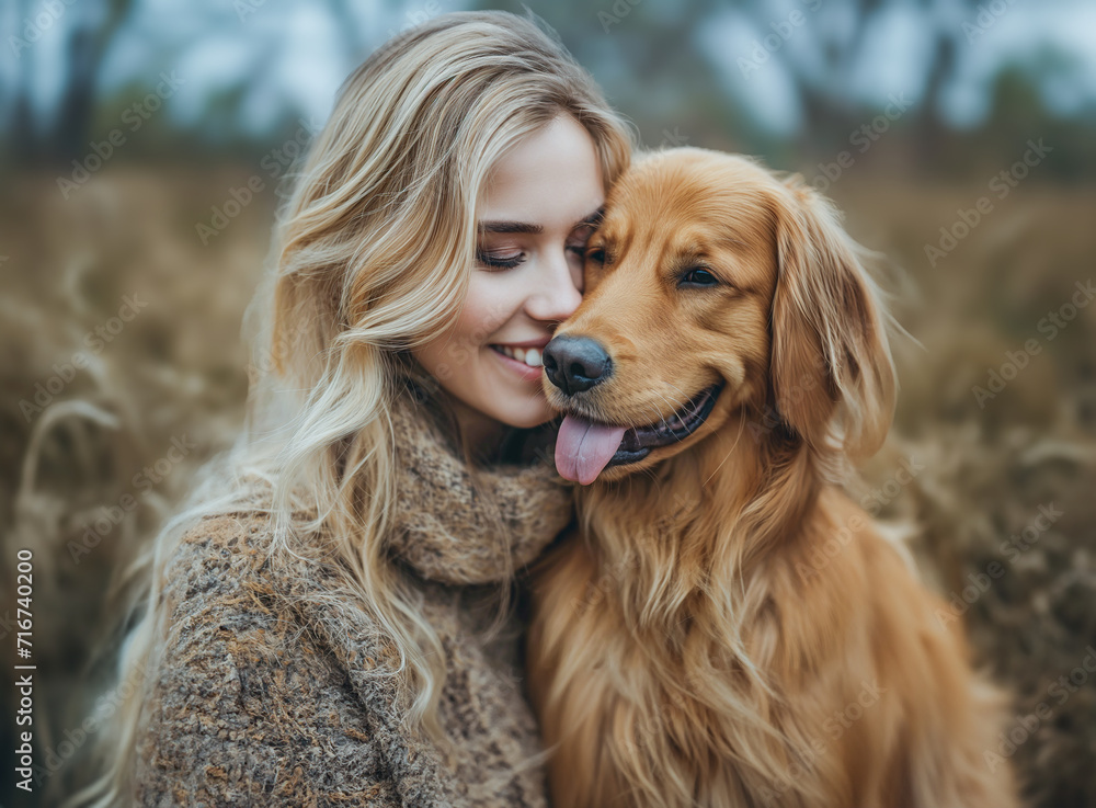 Beautiful woman, beautiful model, posing with a cute dog. Image generated by AI