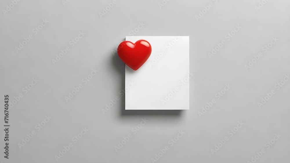Small white sheet of paper with a small red heart figurine on a gray textured background. Minimalistic background for valentine's card Small white sheet of paper with a small red heart figurine on a gray textured background. Minimalistic background for valentine's card