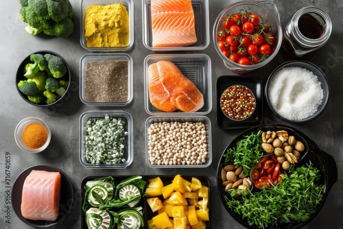 Overhead shot of a healthy meal prep scene with various ingredients and containers, showcasing a fitness lifestyle