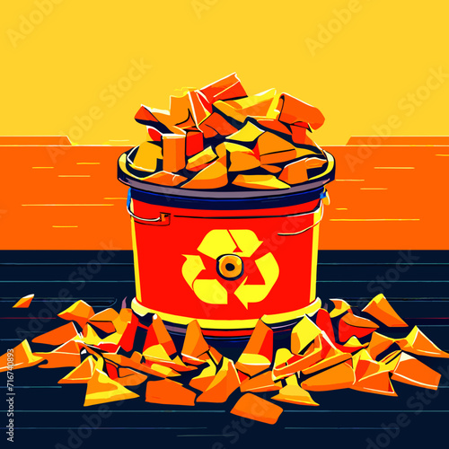 Illustration of a bucket full of radioactive waste on the beach. Generative AI