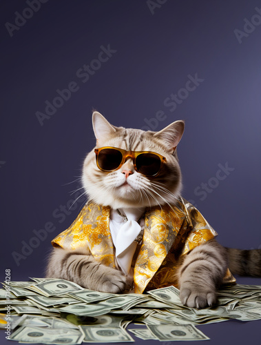 Funny rich boss cat in sunglasses holding cash in dollars. © Svetlana Rey