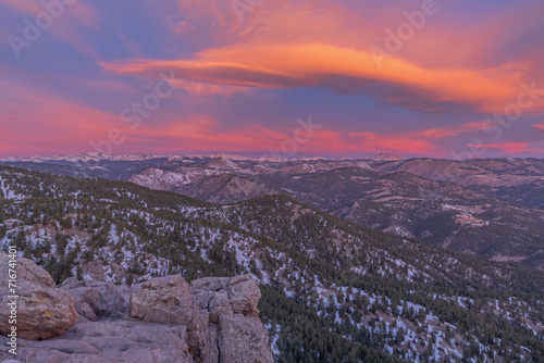 Winter landscape at dawn of the Front Range of the Rocky Mountains from Lost Gulch Overlook, Flagstaff Mountain, Boulder, Colorado, USA