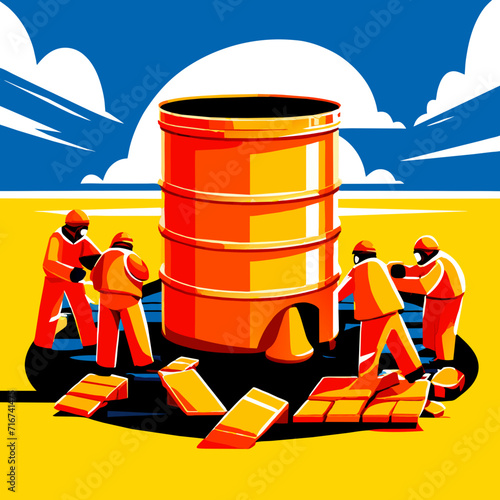 Illustration of a group of oil workers working on a oil field AI generated