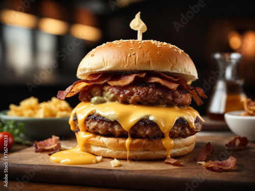 hamburger on a wooden table
