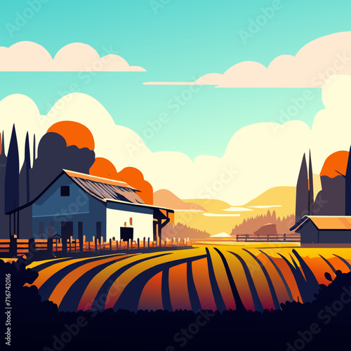 Rural landscape with farm house at sunset. Vector illustration in flat style AI generated