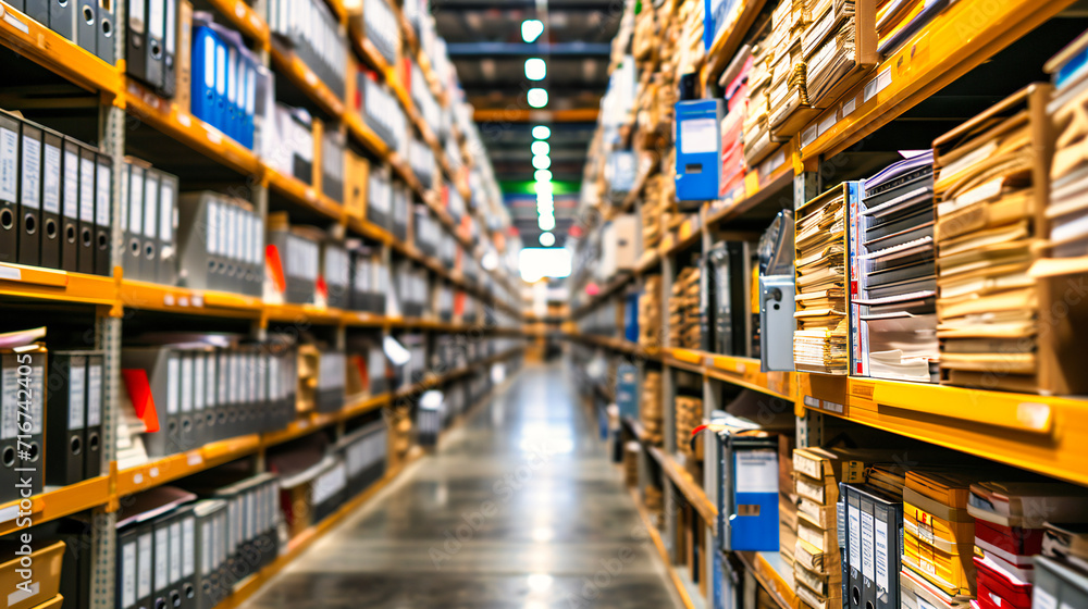 Inside a Large Warehouse: Blurred View of Racks and Stored Goods in an Industrial Storehouse Inside a Large Warehouse: Blurred View of Racks and Stored Goods in an Industrial Storehouse