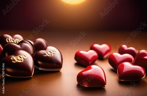 Chocolate candies in the shape of a heart on the table, background for Valentine's Day