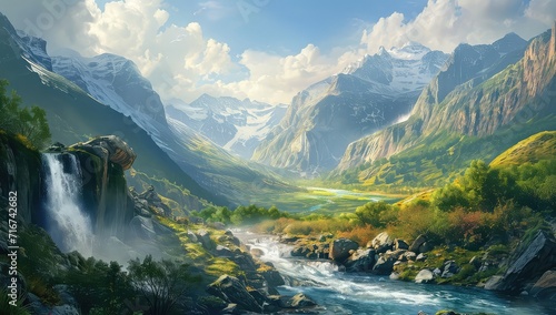Breathtaking Landscape of a Serene Valley with Majestic Mountains, Lush Greenery, and a Cascading Waterfall Illuminated by Sunlight