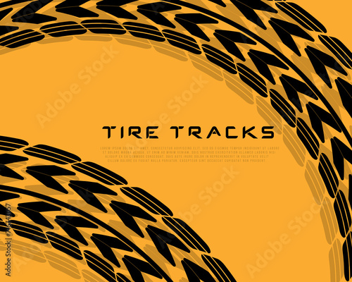 Traces car tires and tracks on a colored background. Realistic composition traces. Motocross, bike path, car track or auto racing. Tire change car service