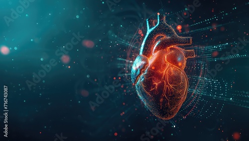 Vibrant Illustration of a Human Heart Surrounded by Dynamic Light Particles, Depicting Cardiovascular Health and Medical Imagery