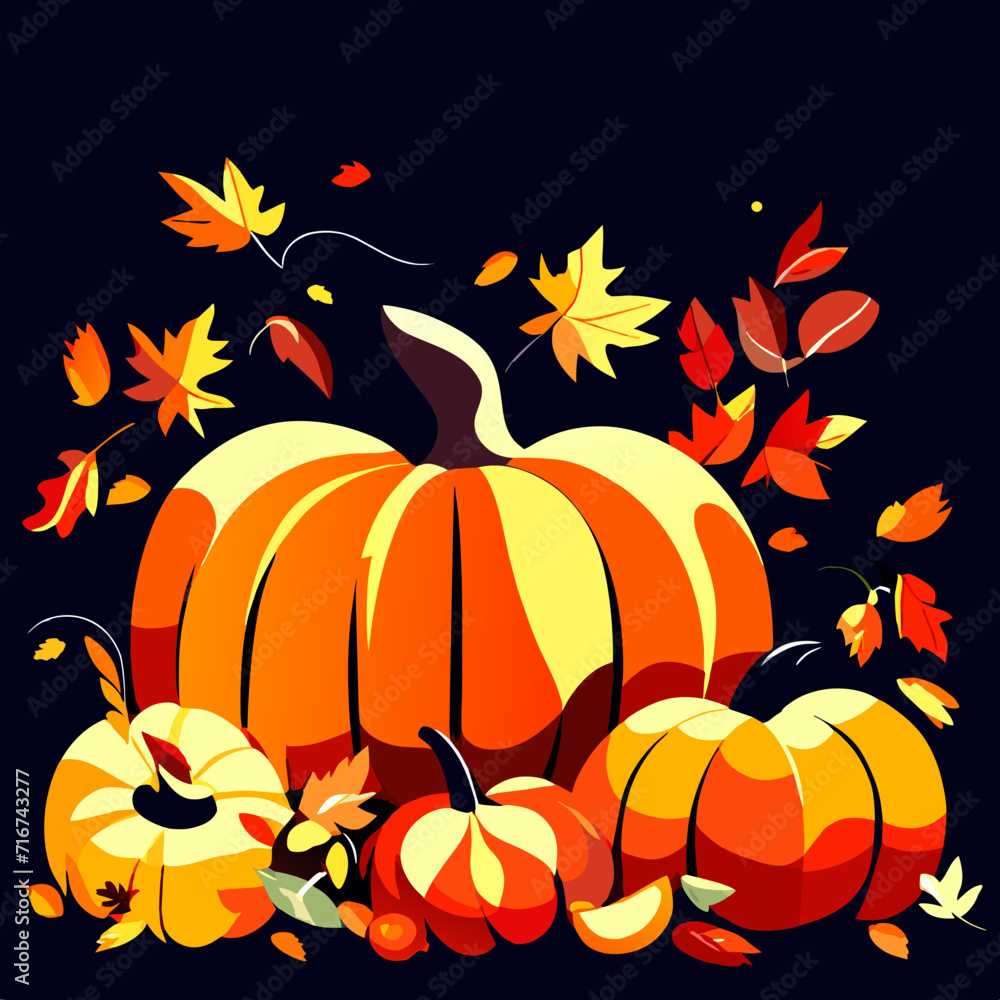 Naklejka premium Pumpkin and autumn leaves on black background. Vector illustration. Generative AI