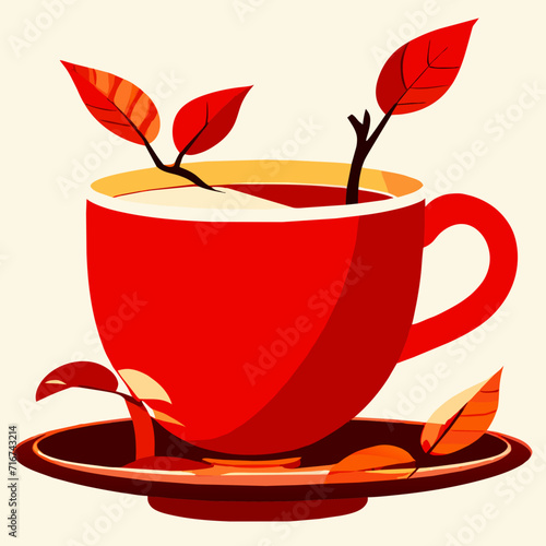 Cup of tea or coffee with autumn leaves. Vector illustration. generative AI