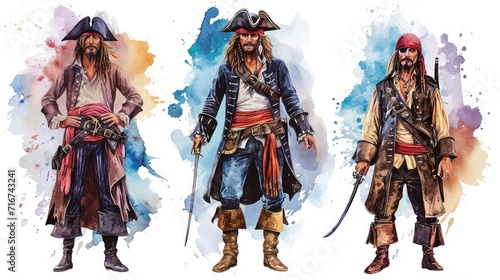 Set of Pirates and Ocean Watercolor Illustration. Hand-drawn illustration isolated on white background in boho style.
