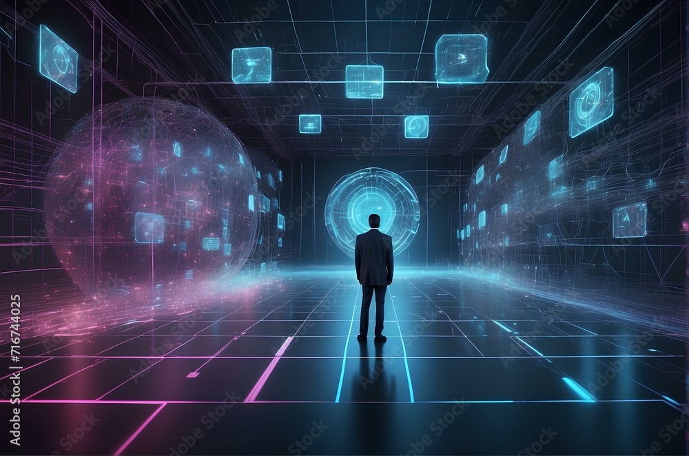 back view of businessman looking at hologram screen on abstract background. future and technology concept. back view of businessman looking at hologram screen on abstract background. future and technology concept.