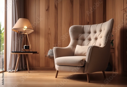 cream armchair against a wooden wall background