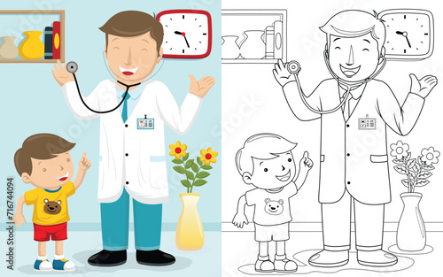 Cartoon of doctor with a boy in a hospital room, coloring book or page