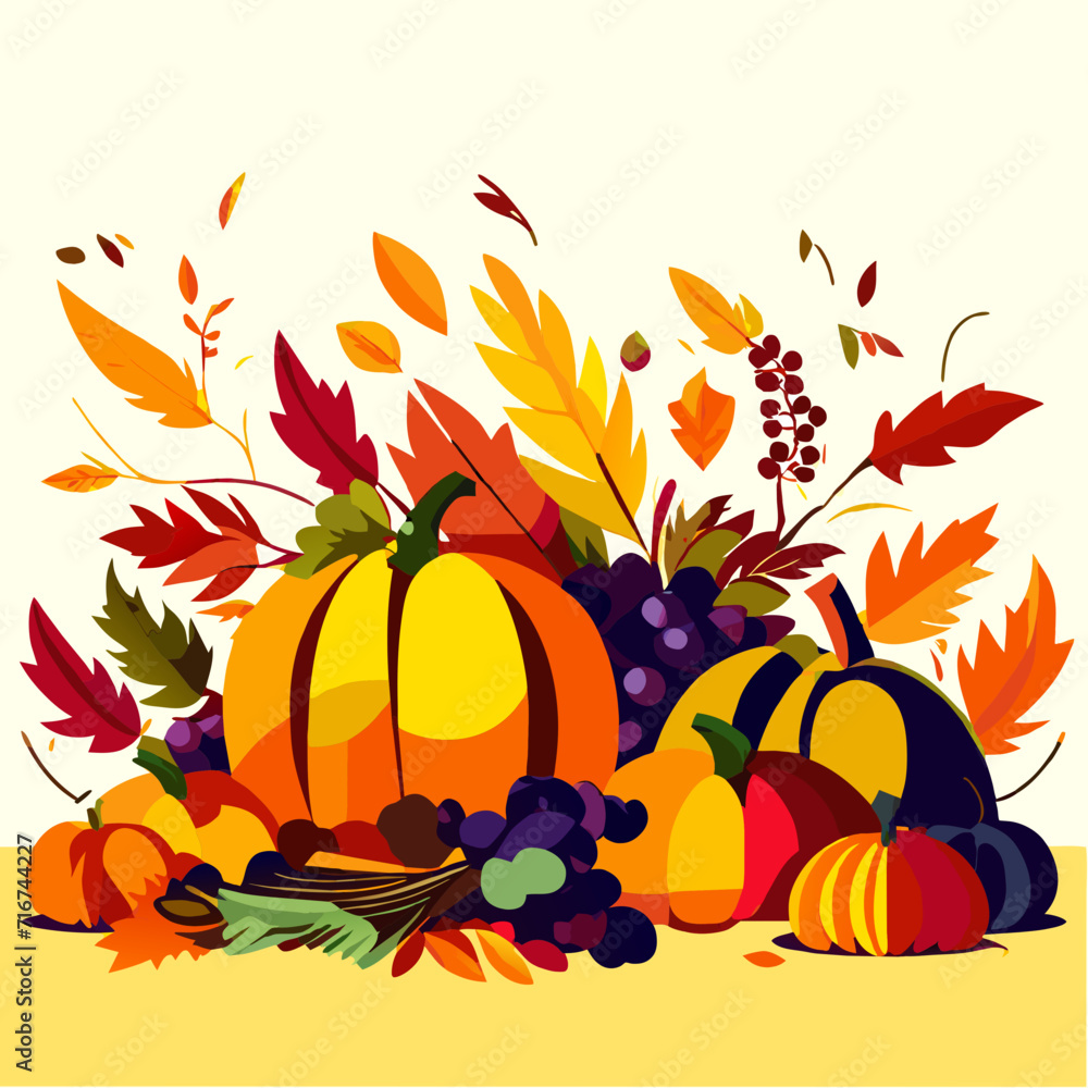 Naklejka premium Autumn background with pumpkins and autumn leaves. Vector illustration. Generative AI
