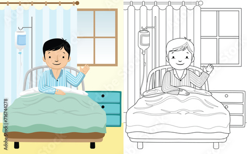 Cartoon of a boy in hospitalization room, coloring book or page