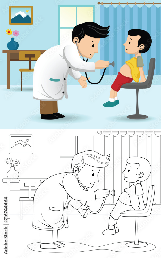 Cartoon of pediatrician doctor examining boy on a visit, coloring book or page