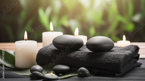 Beauty Spa Concept Massage Stones With Towels And Candles In Natural Background 8