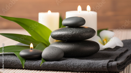 Beauty Spa Concept Massage Stones With Towels And Candles In Natural Background 4