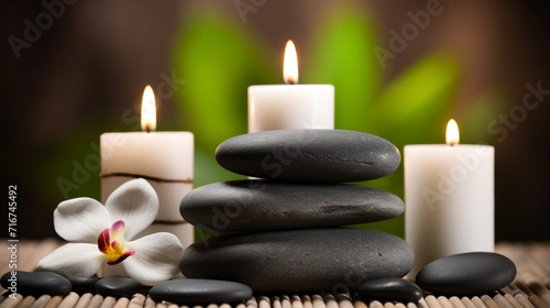 Beauty Spa Concept Massage Stones With Towels And Candles In Natural Background 3