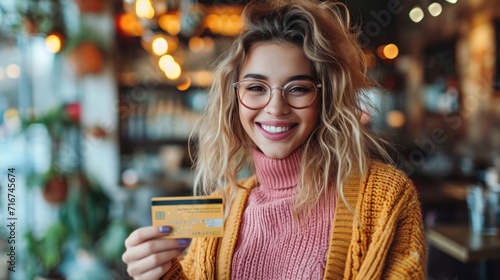 Woman winking while clutching credit card. Generative Ai.