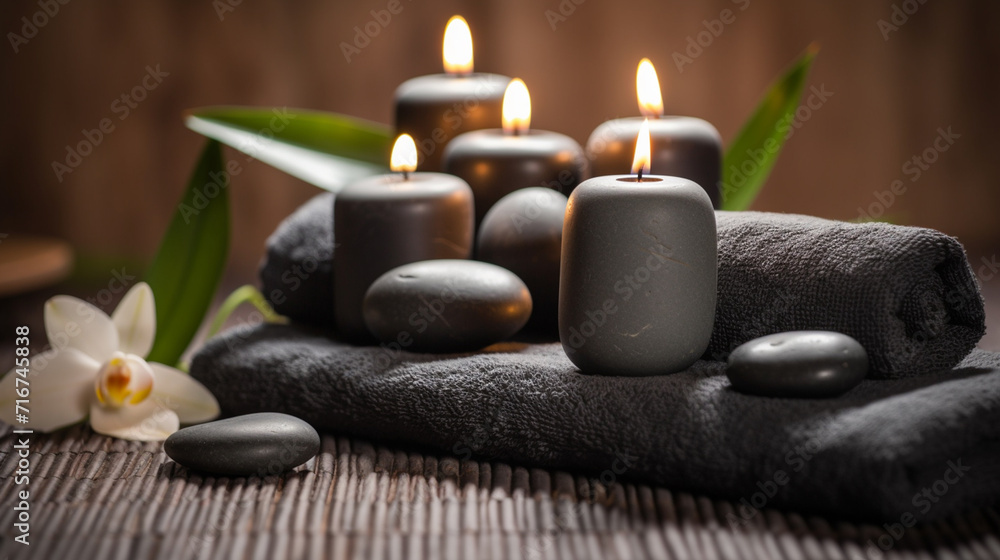 Beauty Spa Concept Massage Stones With Towels And Candles In Natural Background 1