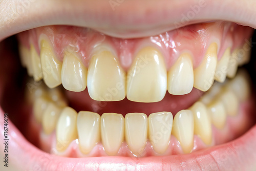 yellow teeth close-up, off-white teeth. 