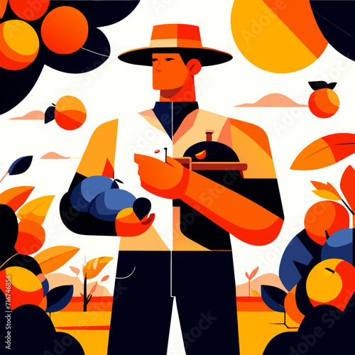 Farmer or agronomist in hat and apron holding a tray with food in his hands. Vector illustration. AI Generated