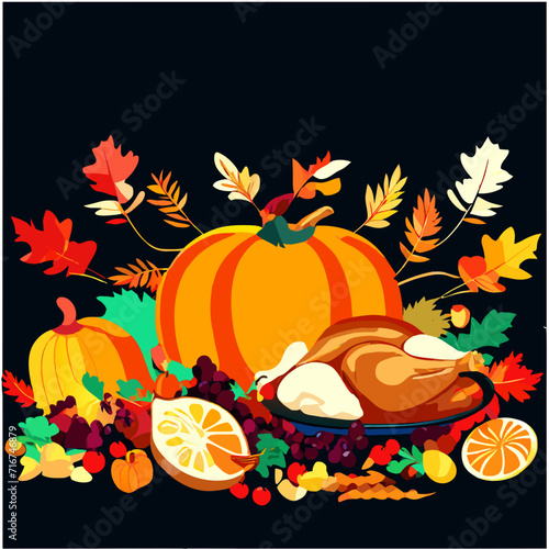 Thanksgiving day vector illustration with roasted turkey, pumpkins and autumn leaves Generative AI