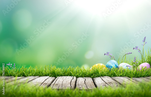 Obraz na płótnie Painted easter eggs in the grass celebrating a Happy Easter in spring with a green grass meadow and bright cool sunlit background with copy space & rustic wooden bench to display products. w salonie