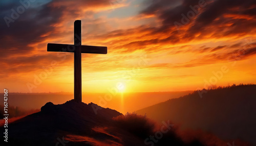 A Serene Sunset Silhouette of a Cross, Illuminated by the Light of God