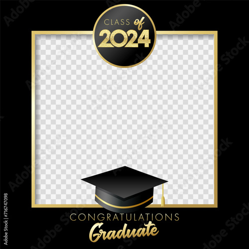 Class of 2024 Graduation party photo frame for booth. 2024 congratulation graduate design with text and academic hat. Vector illustration