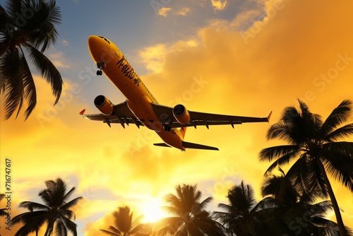 Perfect Travel Concept. Scenic Sunset as Low-flying Airplane Glides over Lush Palm Trees