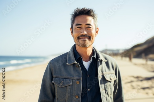 Portrait of a blissful asian man in his 40s sporting a rugged denim jacket against a sandy beach background. AI Generation