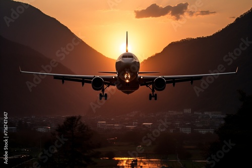 Silhouetted airplane flying in the mountains at sunset with colorful sky and majestic scenery