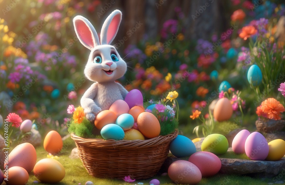Cheerful rabbit with eggs