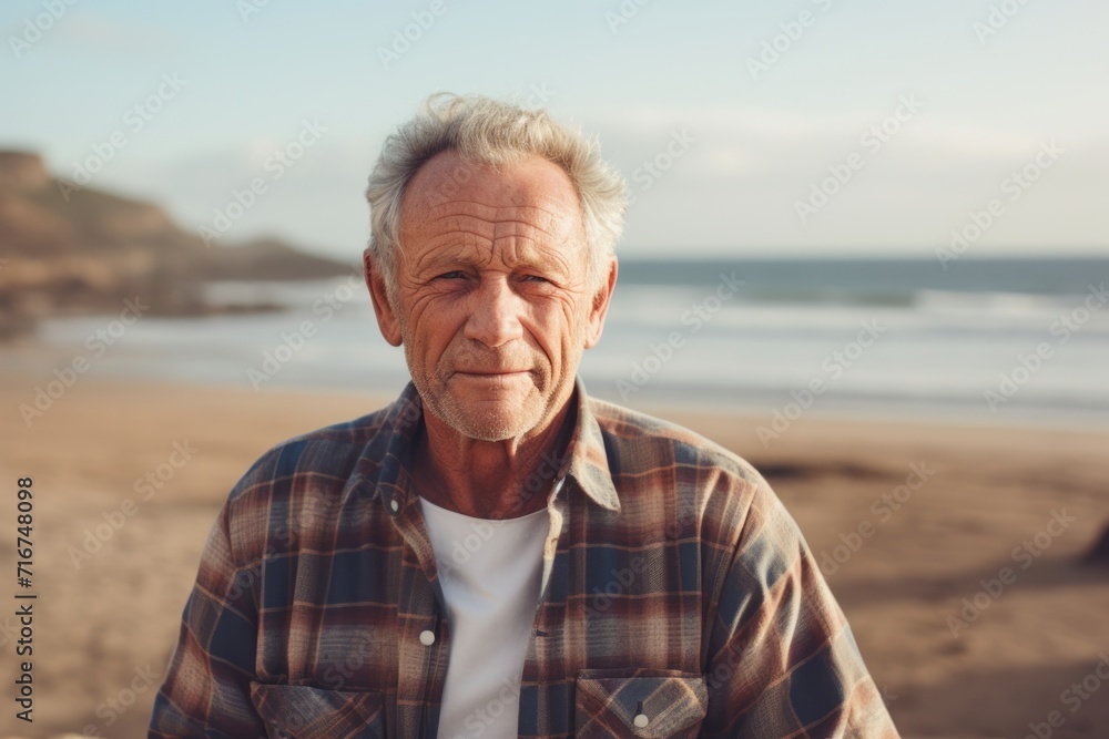 Portrait of a tender man in his 80s dressed in a relaxed flannel shirt against a sandy beach background. AI Generation Portrait of a tender man in his 80s dressed in a relaxed flannel shirt against a sandy beach background. AI Generation